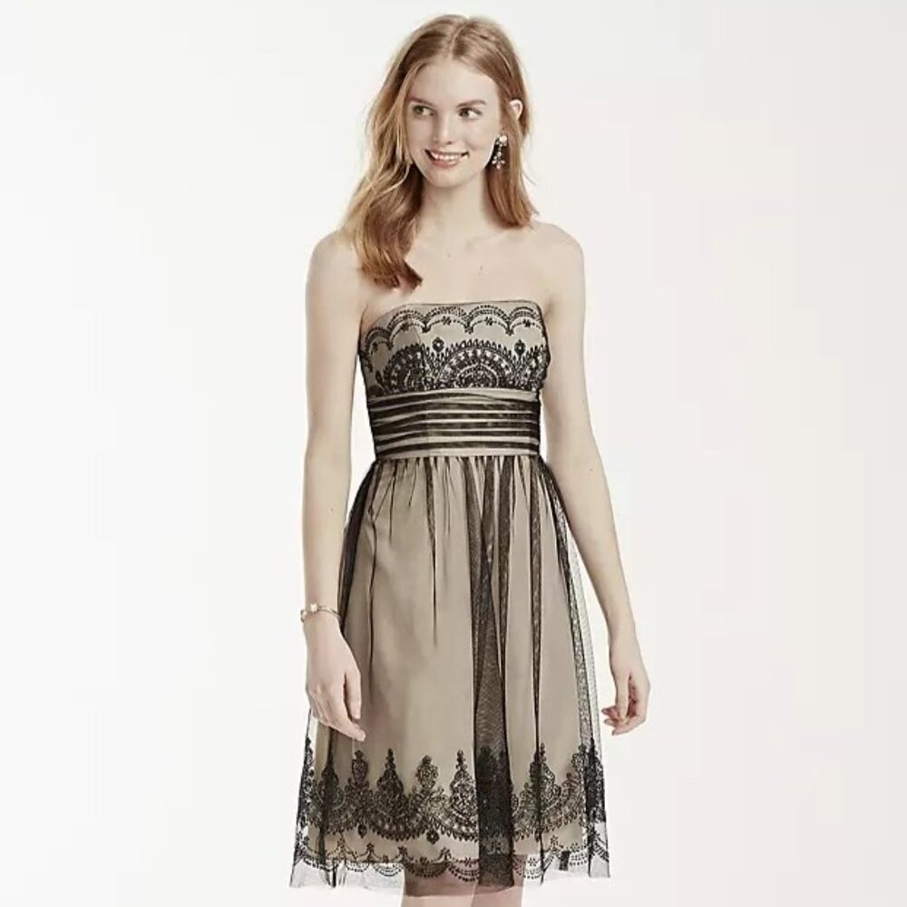 David's Bridal Strapless Black Tulle Champagne Dress with Caviar Beading SIZE 6